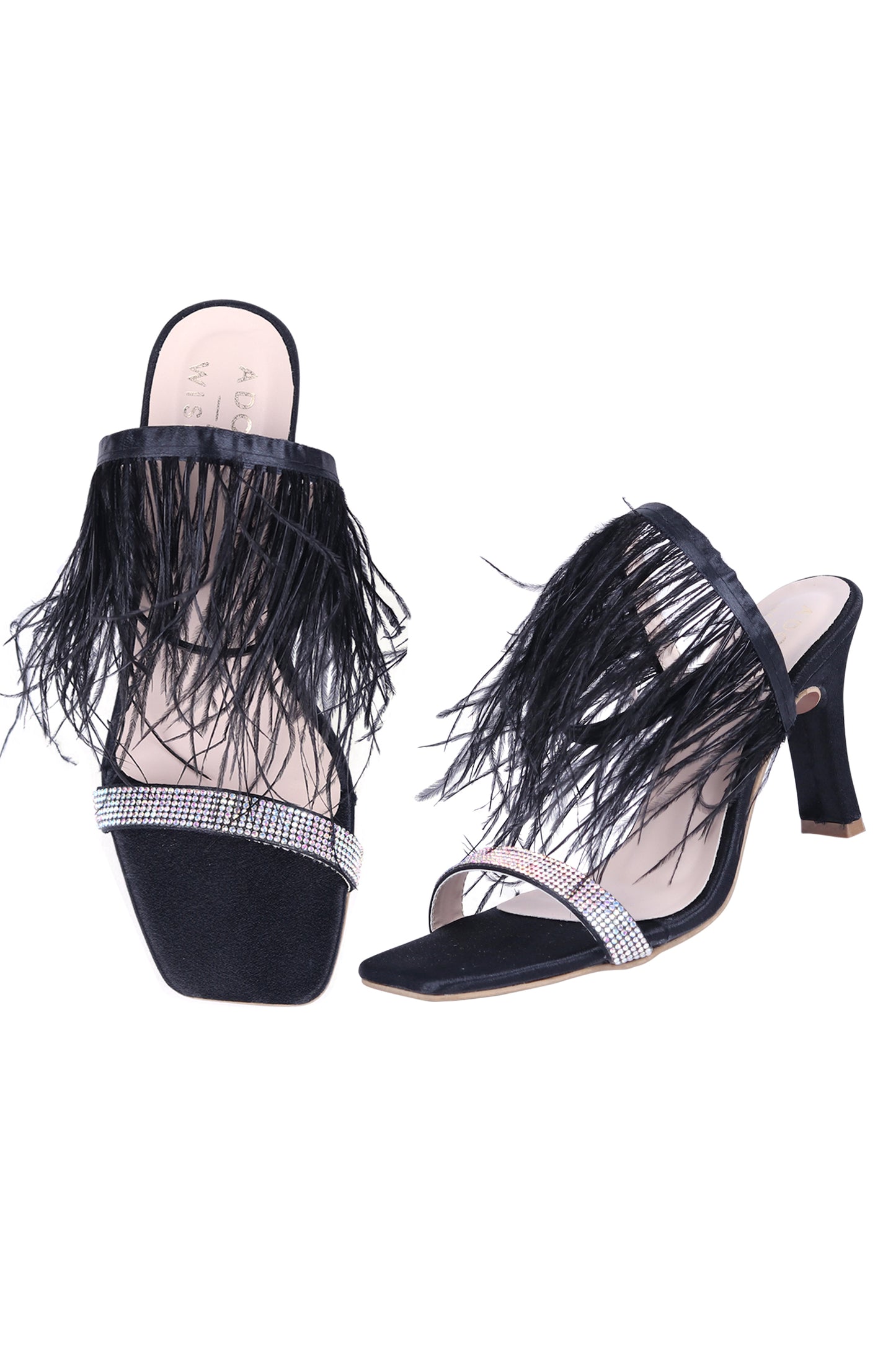 Black Beast Fluffy Faux Feather Heels