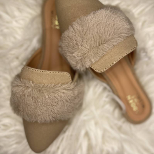 Beige Furry Mules