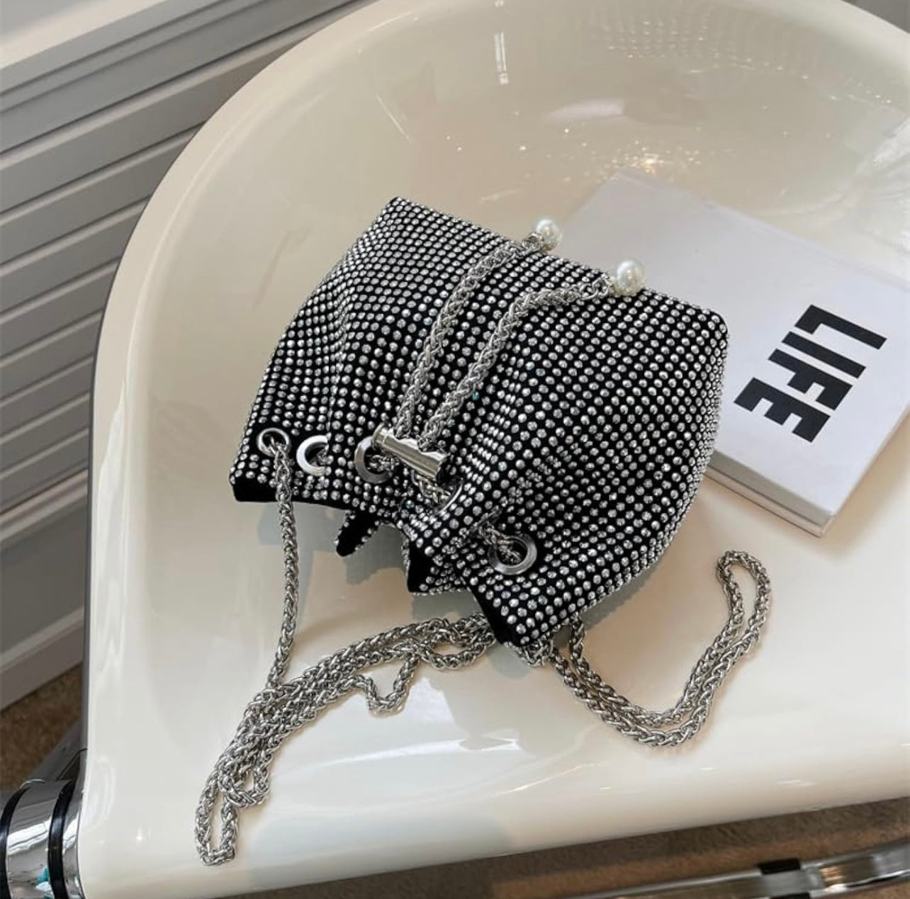 Silver Rhinestone Bucket Bag