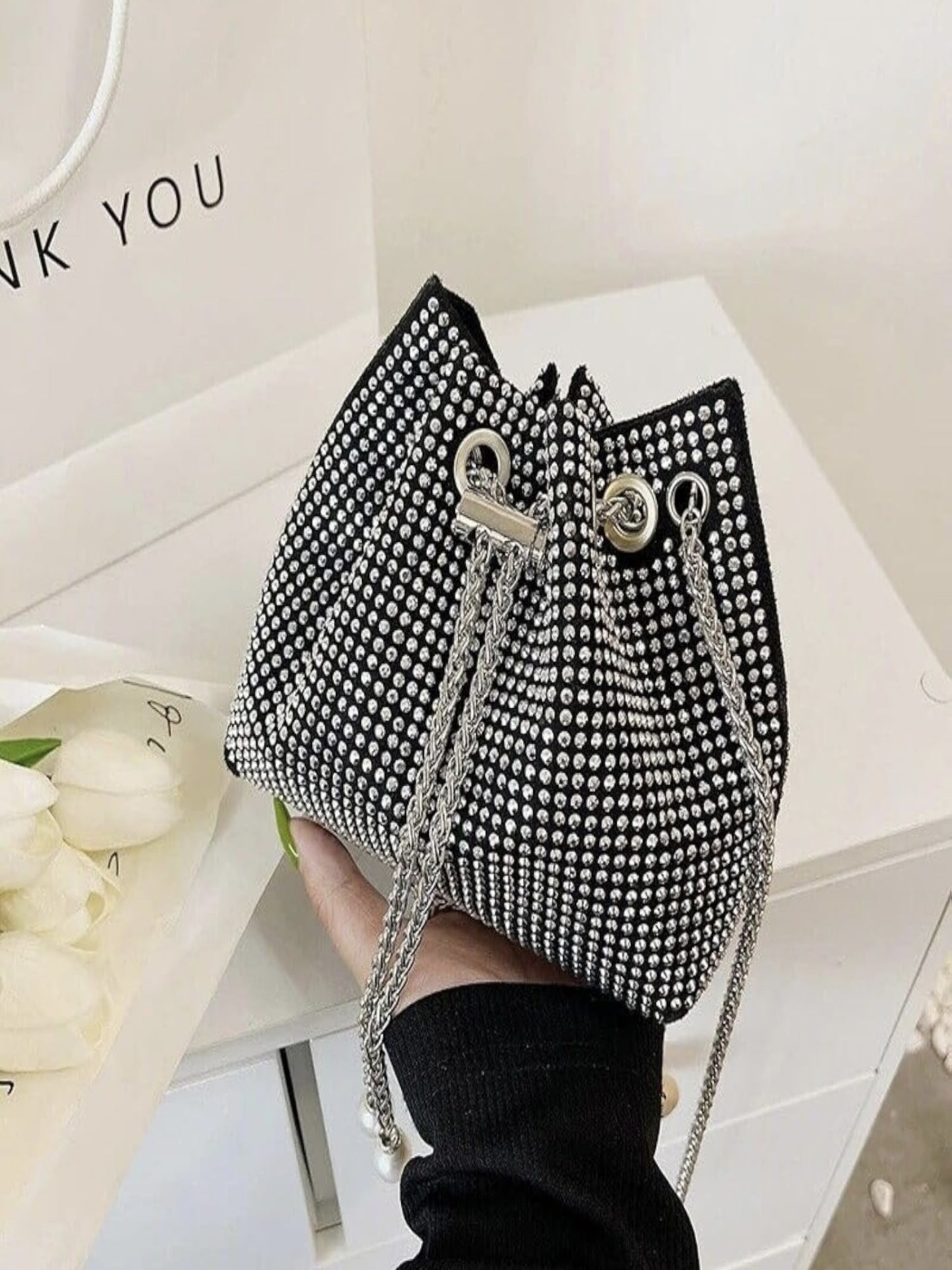 Silver Rhinestone Bucket Bag