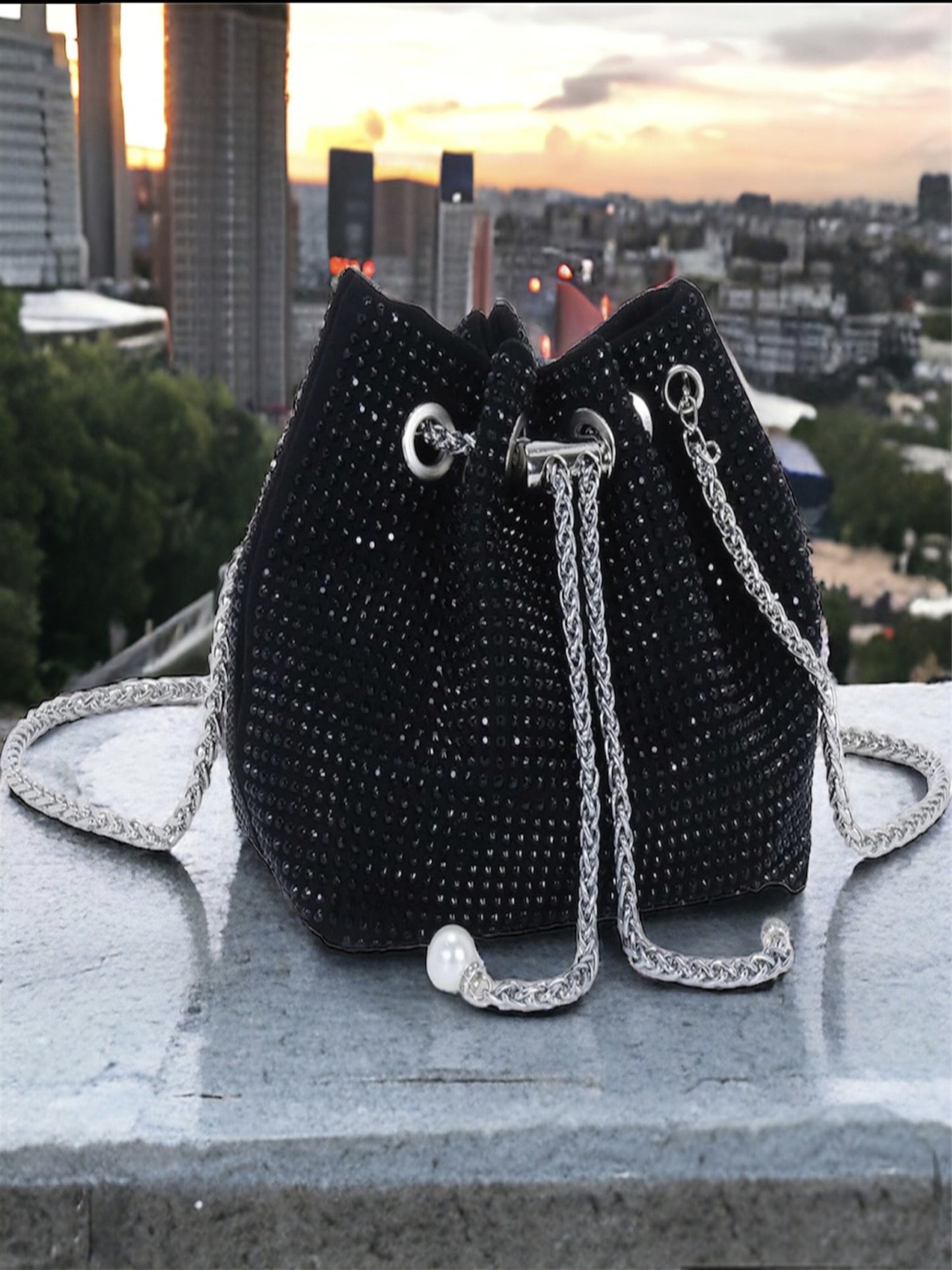 Black Rhinestone Bucket Bag