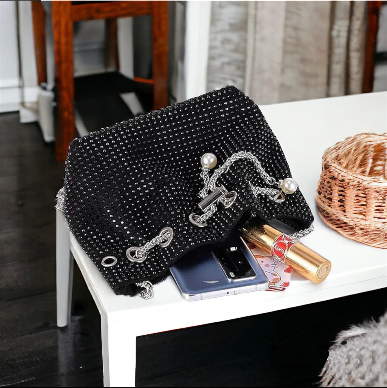 Black Rhinestone Bucket Bag