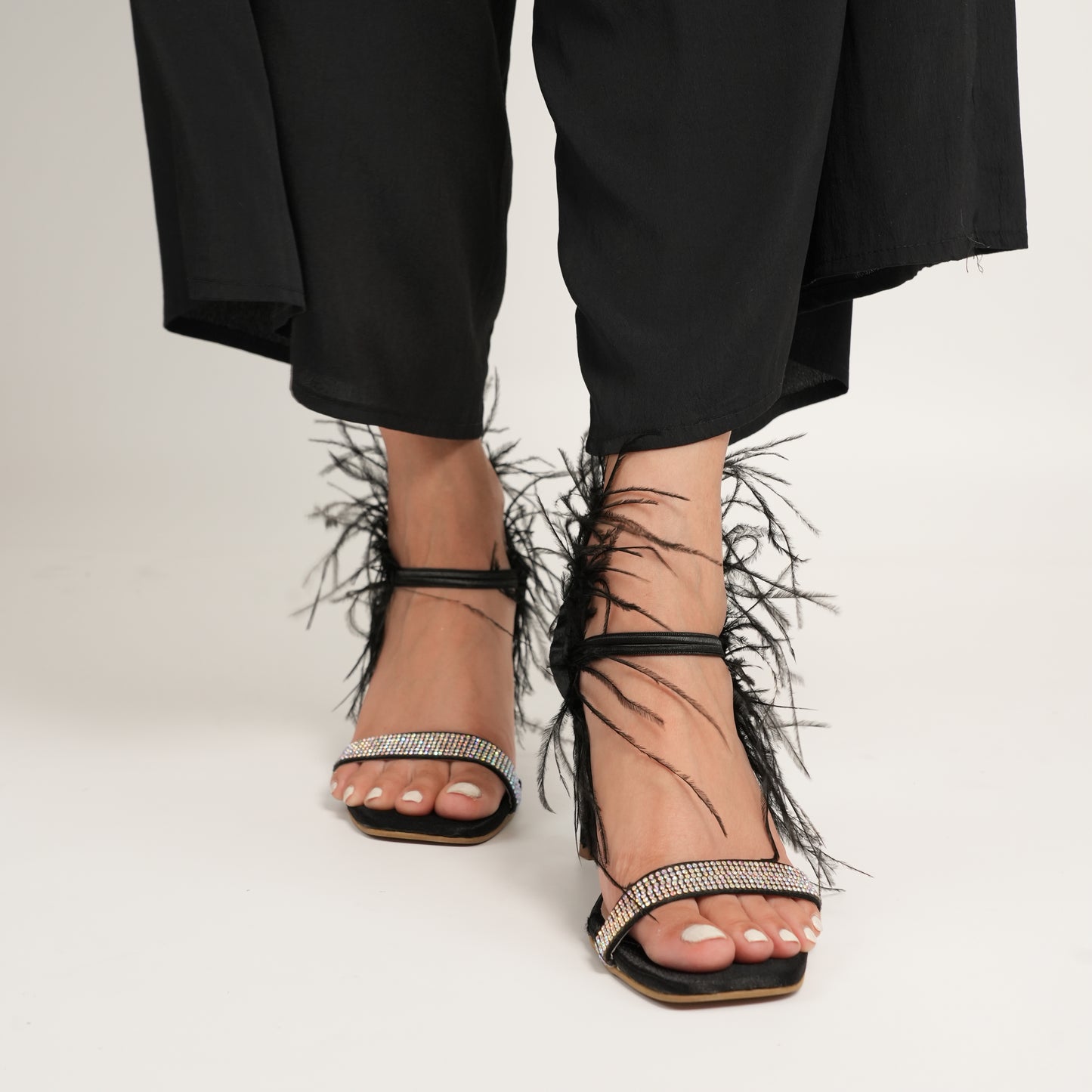 Black Beast Fluffy Faux Feather Heels